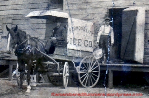 Redwood City Icehouse, delivery wagon. Notice the man on right holding a block of ice in ice tongs.