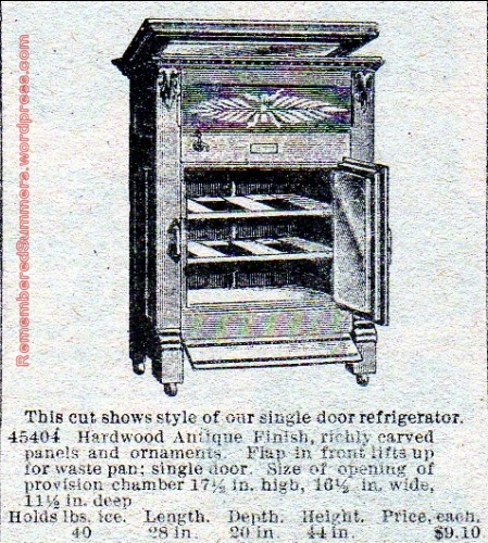 Icebox, Montgomery Ward Catalog, 1894-95. Hinged flap at bottom.