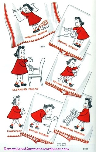 Little Lulu Day of the Week towel embroidery and applique pattern No. 1488, McCall's, May 1950.