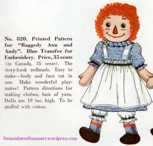 Pattern for Raggedy Ann and Andy Dolls, McCall's 820, 1950.  This pattern must have been available earlier, because I got a homemade doll like this around 1947.