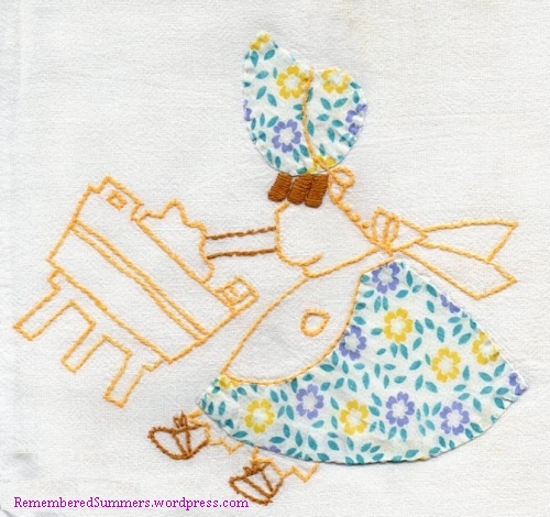 Monday was Washday; corner of an embroidered and appliqued Sunbonnet Sue dishtowel. Circa 1945.